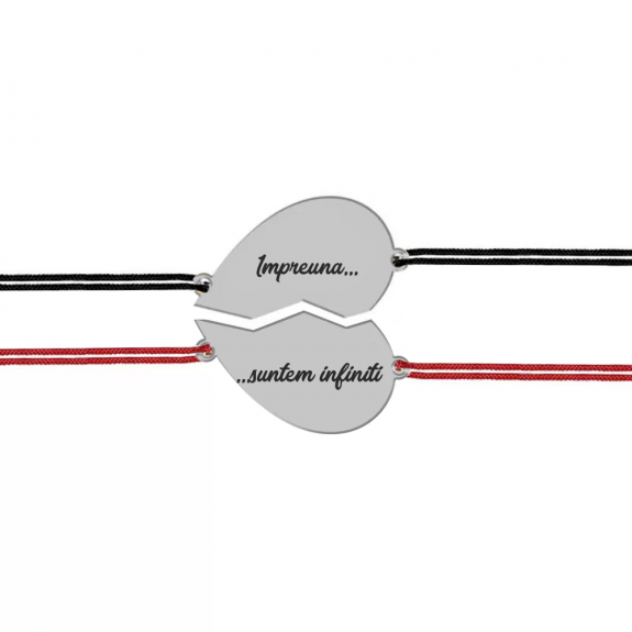 Set bratari argint cuplu inimioare 16 mm si snur negru (M) si rosu (F) (2 bucati incluse) - personalizate cu text